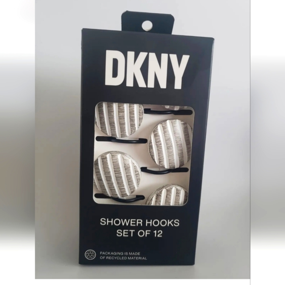 12pc Set DKNY Round Dot Gray & White Striped Shower Curtain Hook Decor N…
